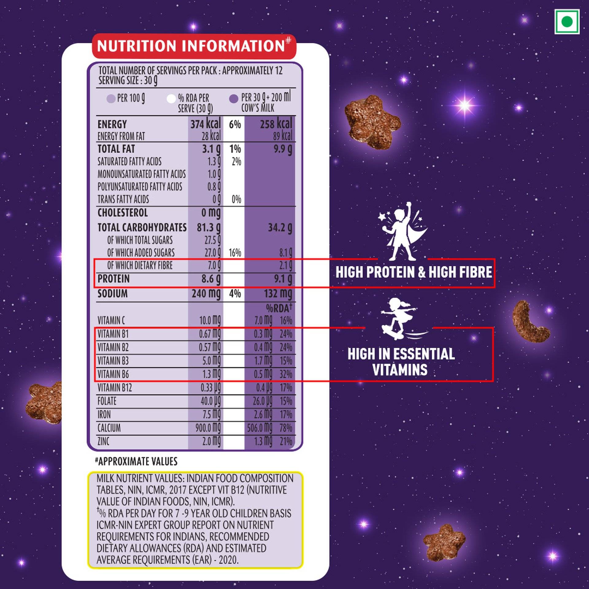 Kellogg's Multigrain Chocos Moons & Stars | High Calcium, Protein, Fibre | Kids Breakfast Pouch - Image 3