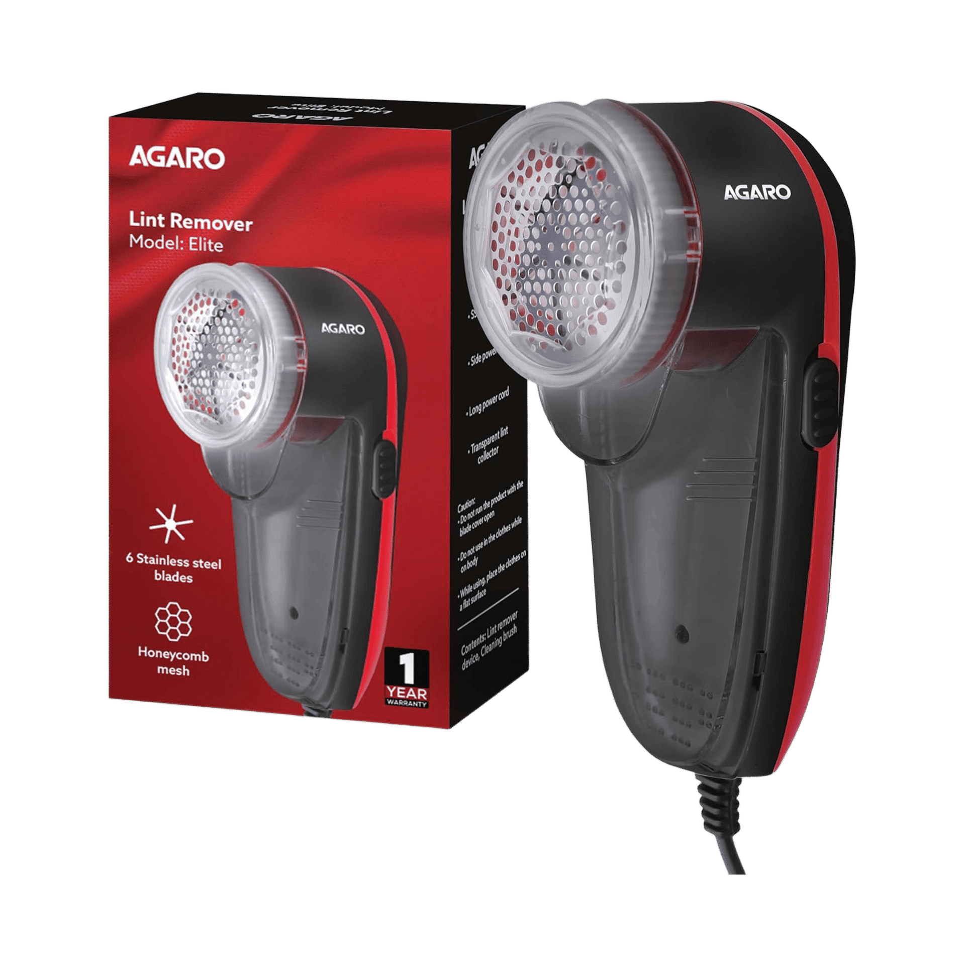 Agaro Elite Lint Remover (5W, 6-Leaf Stainless Steel Blades, Corded, Black & Red) - Image 1