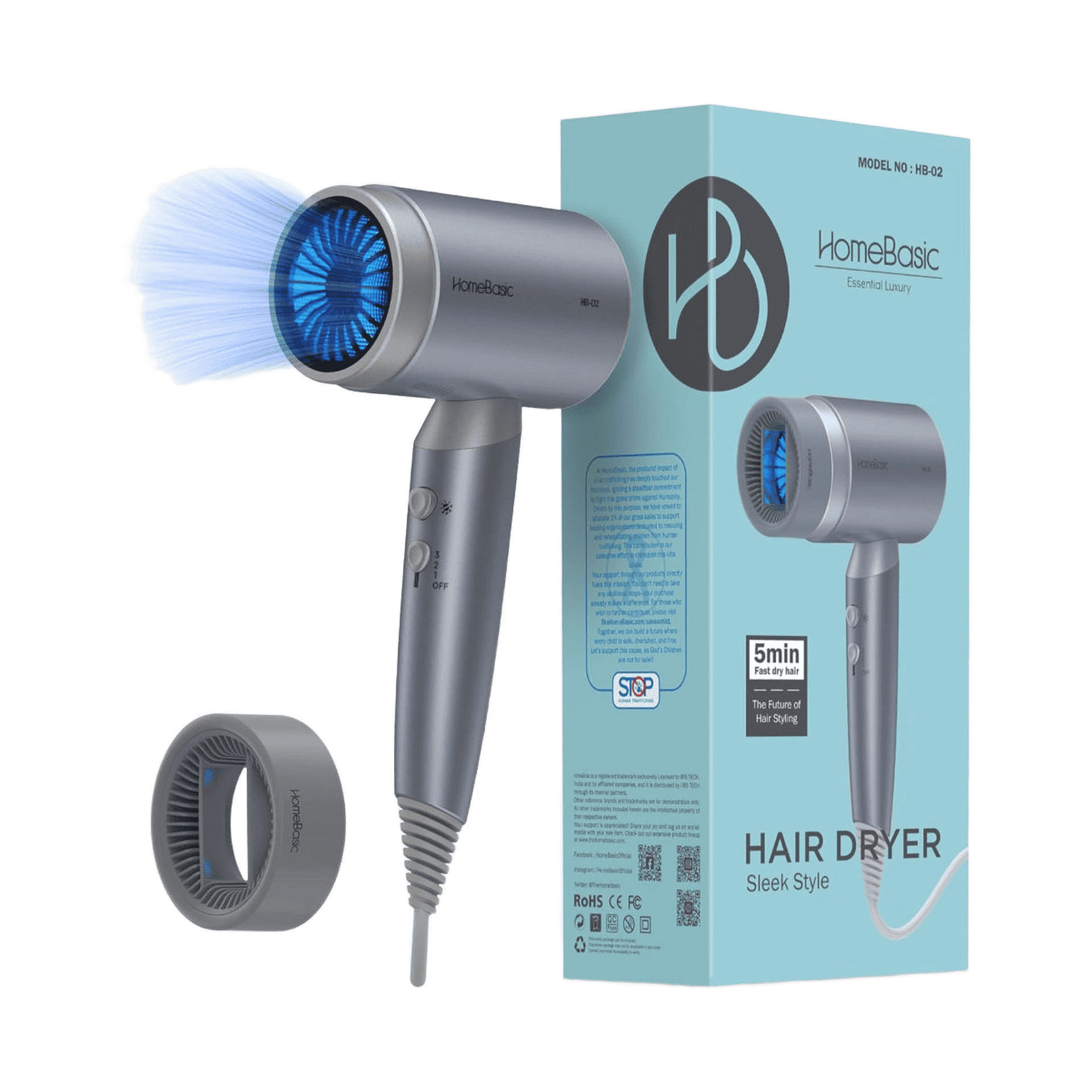 HomeBasic HB-02 2000W Fast Drying Hair Dryer (Silver Blue)