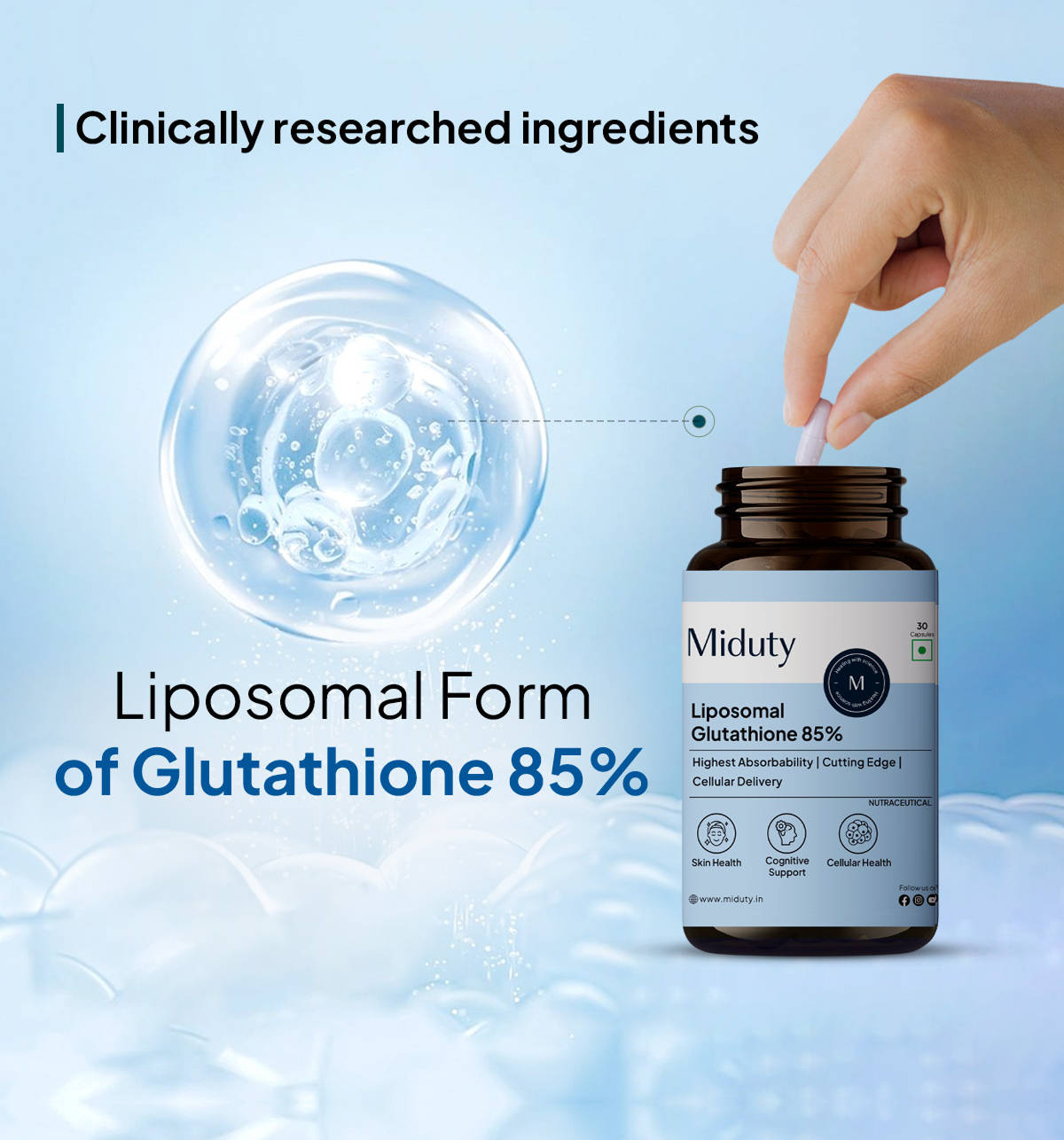 Buy Miduty Liposomal Glutathione 85% - 650mg, Advanced Nano-Liposomal  Formula with Lipoglo 8X Absorption - TEM Verified Online (30 pieces) At  Best Price