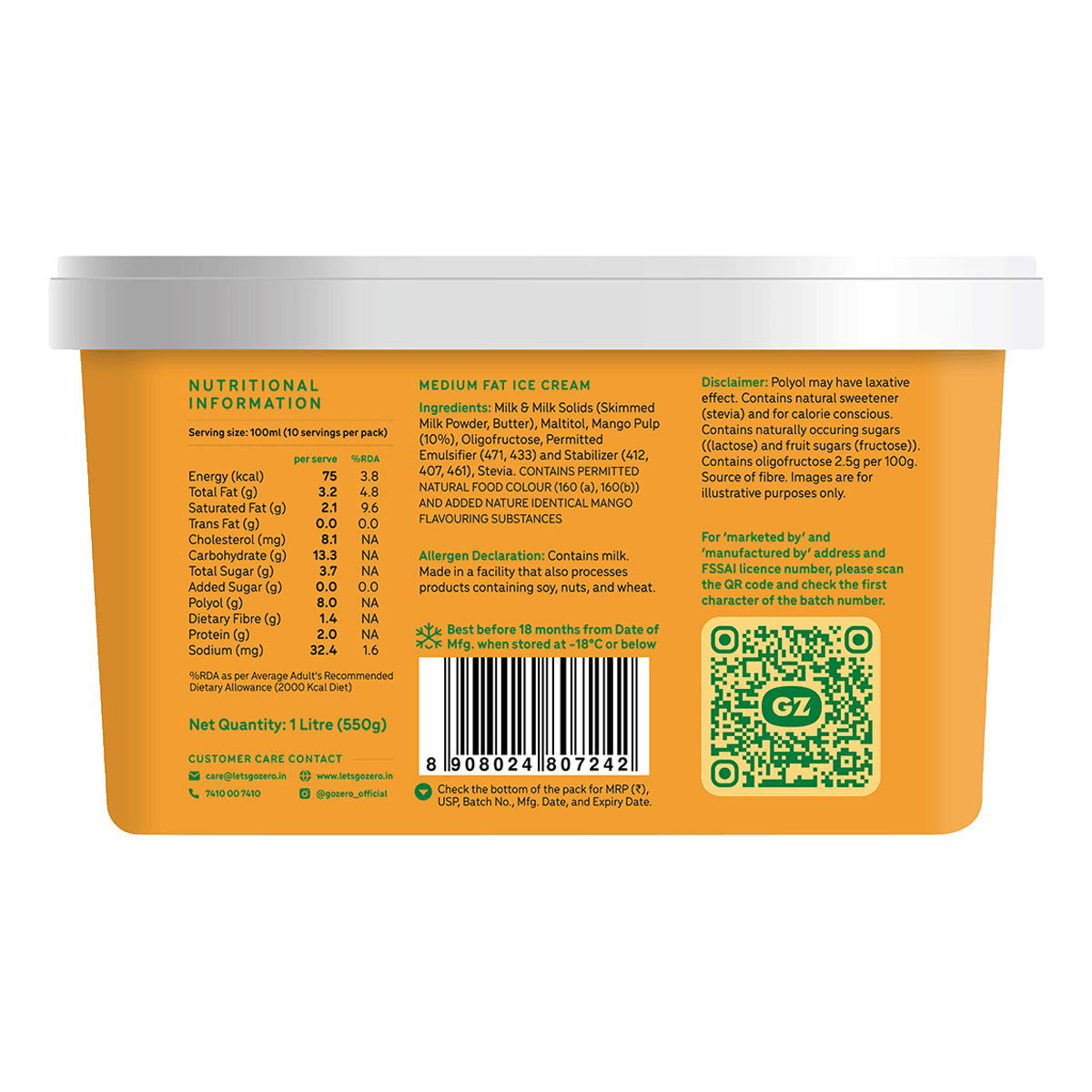 Go Zero Alphonso Mango Guilt Free Ice Cream Tub 1L - Image 2