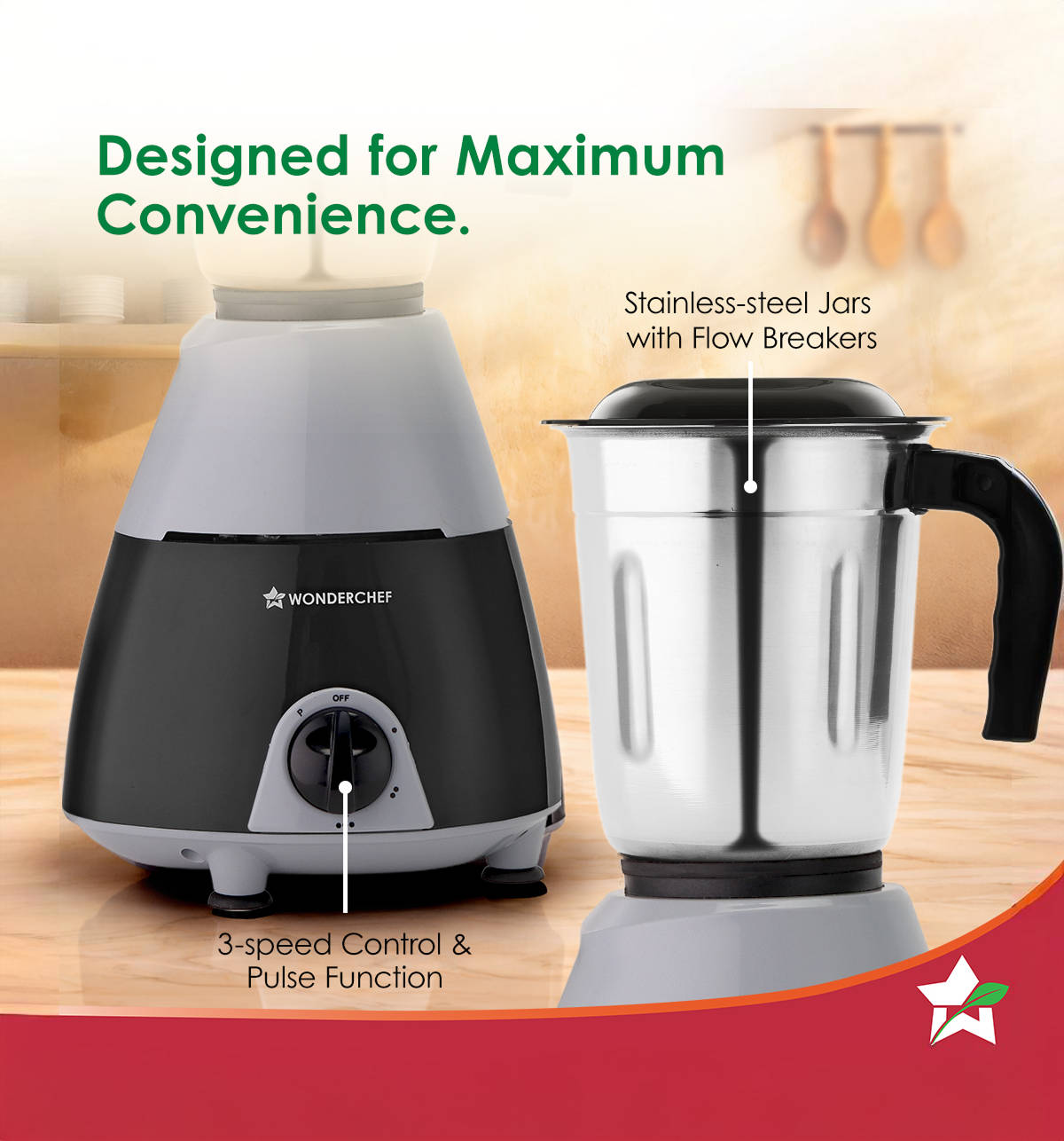 Wonderchef Vista Plus Mixer Grinder (500W, 3 Jars, Pulse Function, Black & Grey) - Image 7