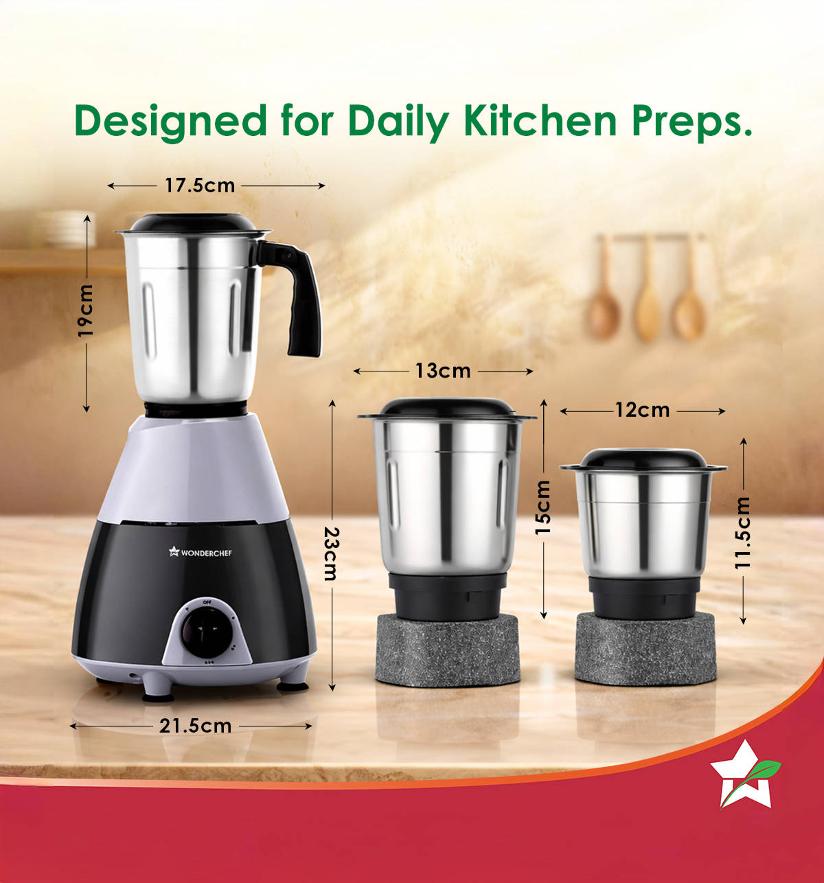 Wonderchef Vista Plus Mixer Grinder (500W, 3 Jars, Pulse Function, Black & Grey) - Image 2