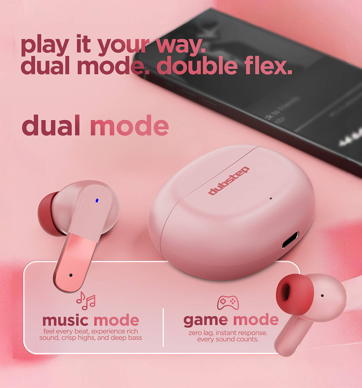 Dubstep Buzz X12 ENC TWS Earbuds Pink Peach 60Hrs - Image 8