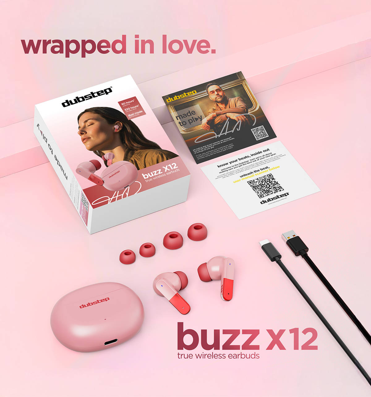 Dubstep Buzz X12 ENC TWS Earbuds Pink Peach 60Hrs - Image 9