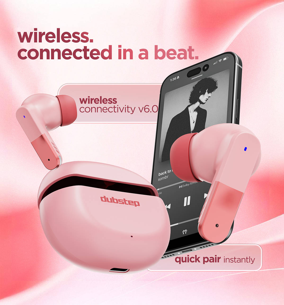 Dubstep Buzz X12 ENC TWS Earbuds Pink Peach 60Hrs - Image 4