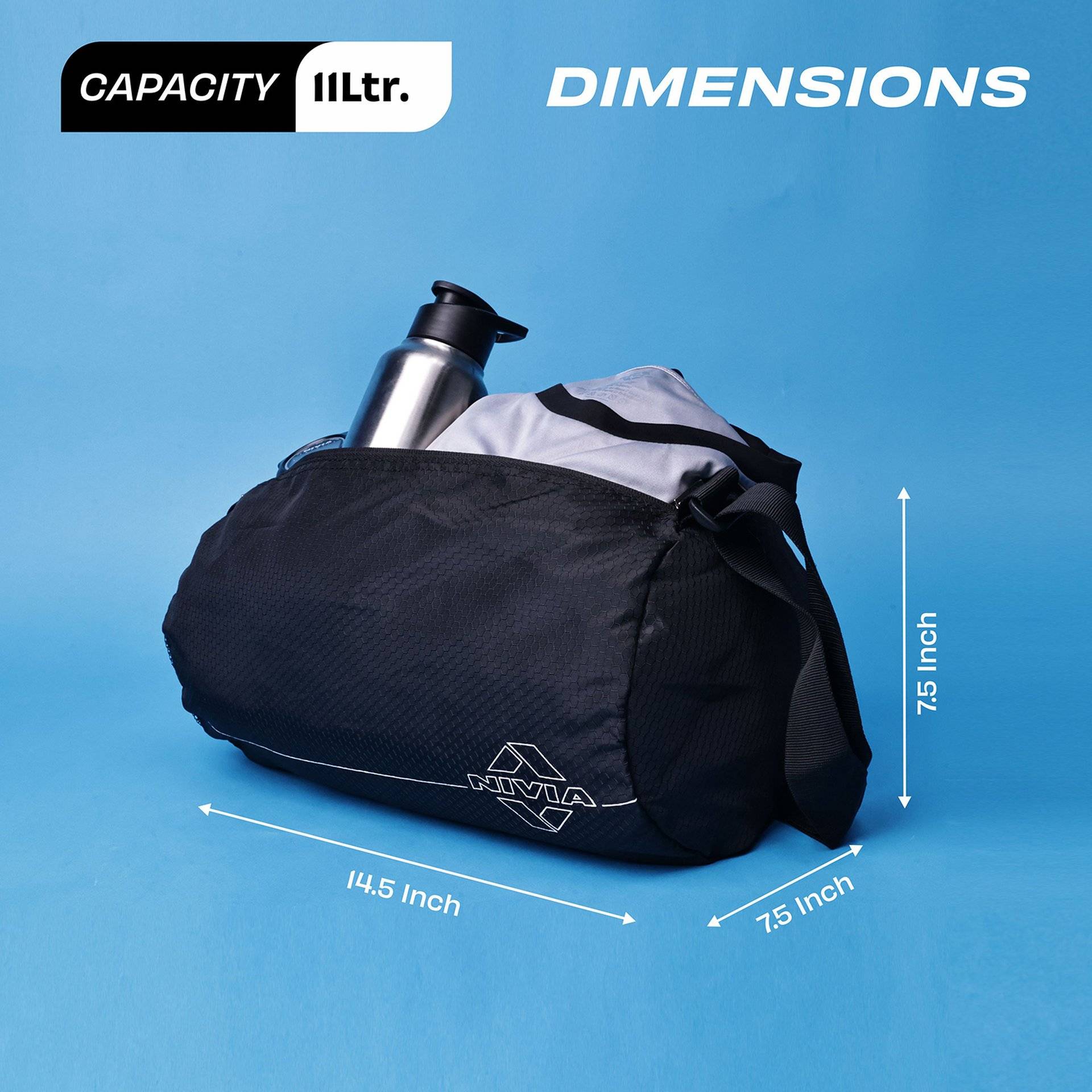 Nivia Basic Polyester Gym Duffle Bag 11L Black - Image 12
