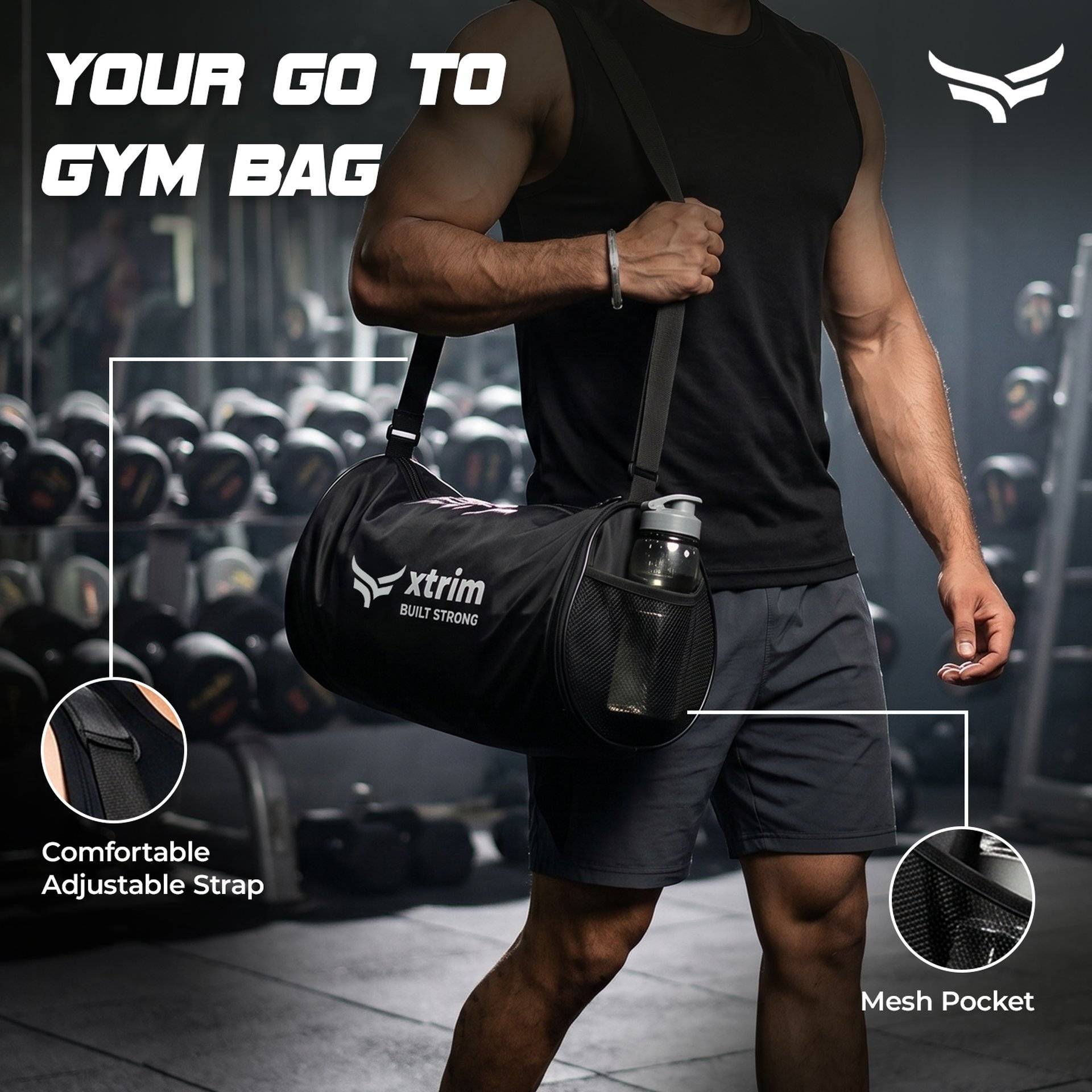 Xtrim Gym & Travel Duffle Bag with Shoe Compartment (20L, Black) - Image 5
