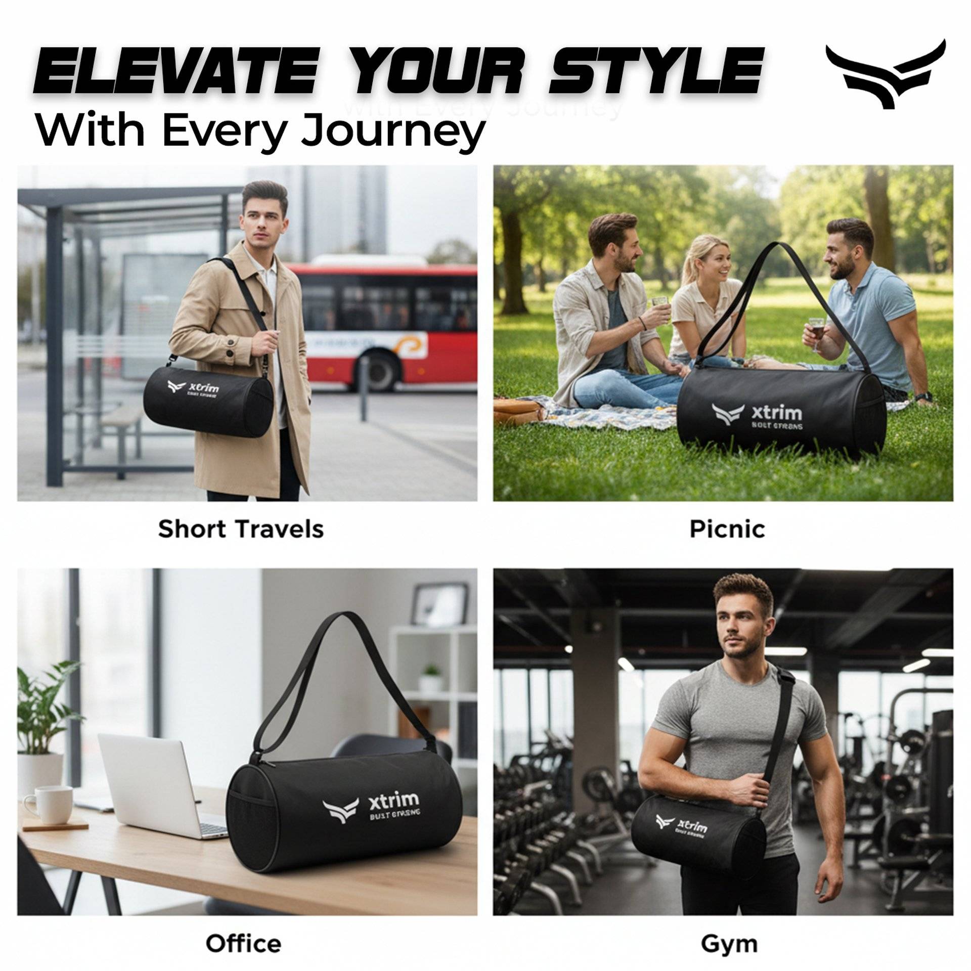 Xtrim Gym & Travel Duffle Bag with Shoe Compartment (20L, Black) - Image 9