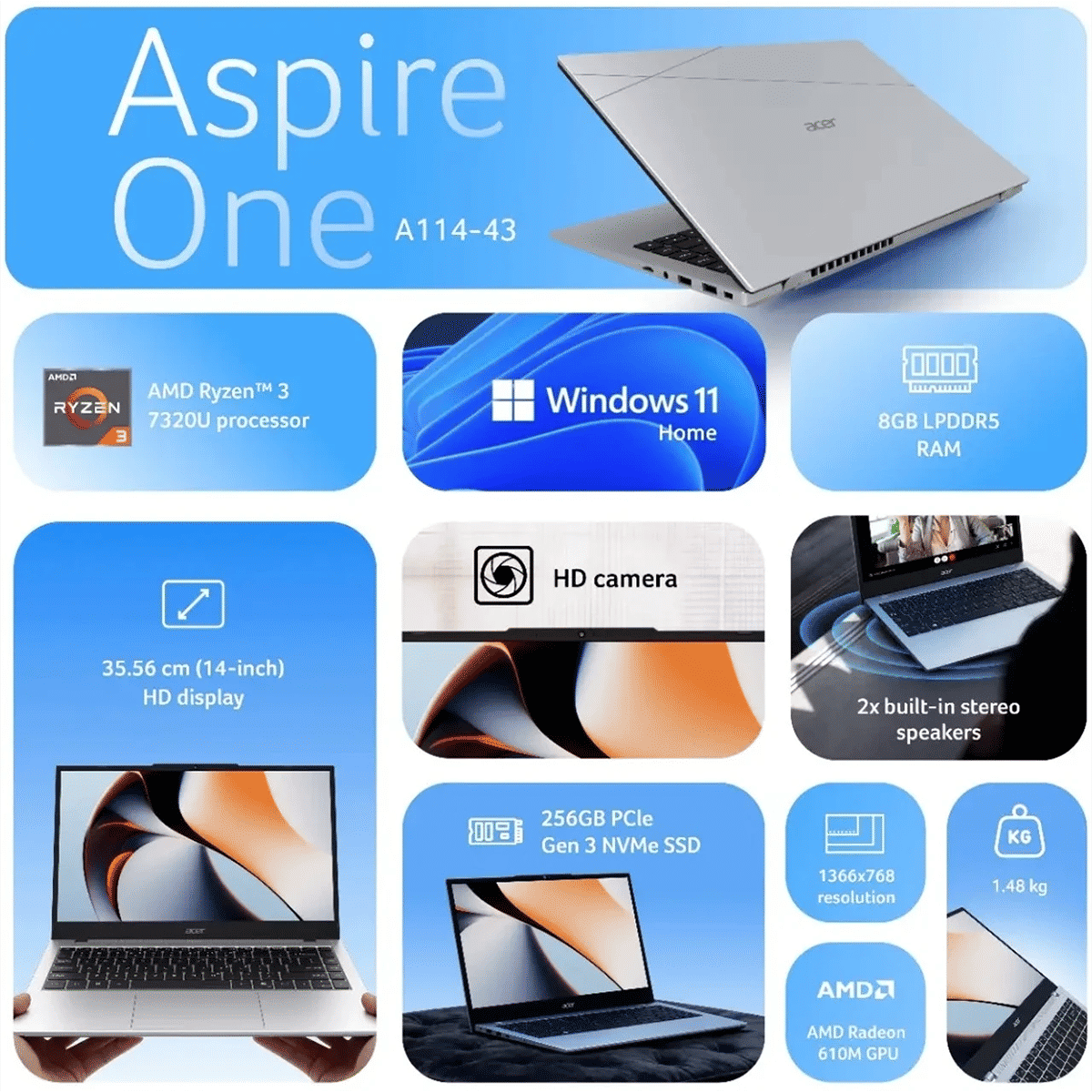 Acer Aspire One AMD Ryzen 3-7320U 8GB 256GB 14" HD Windows 11 Black - Image 5