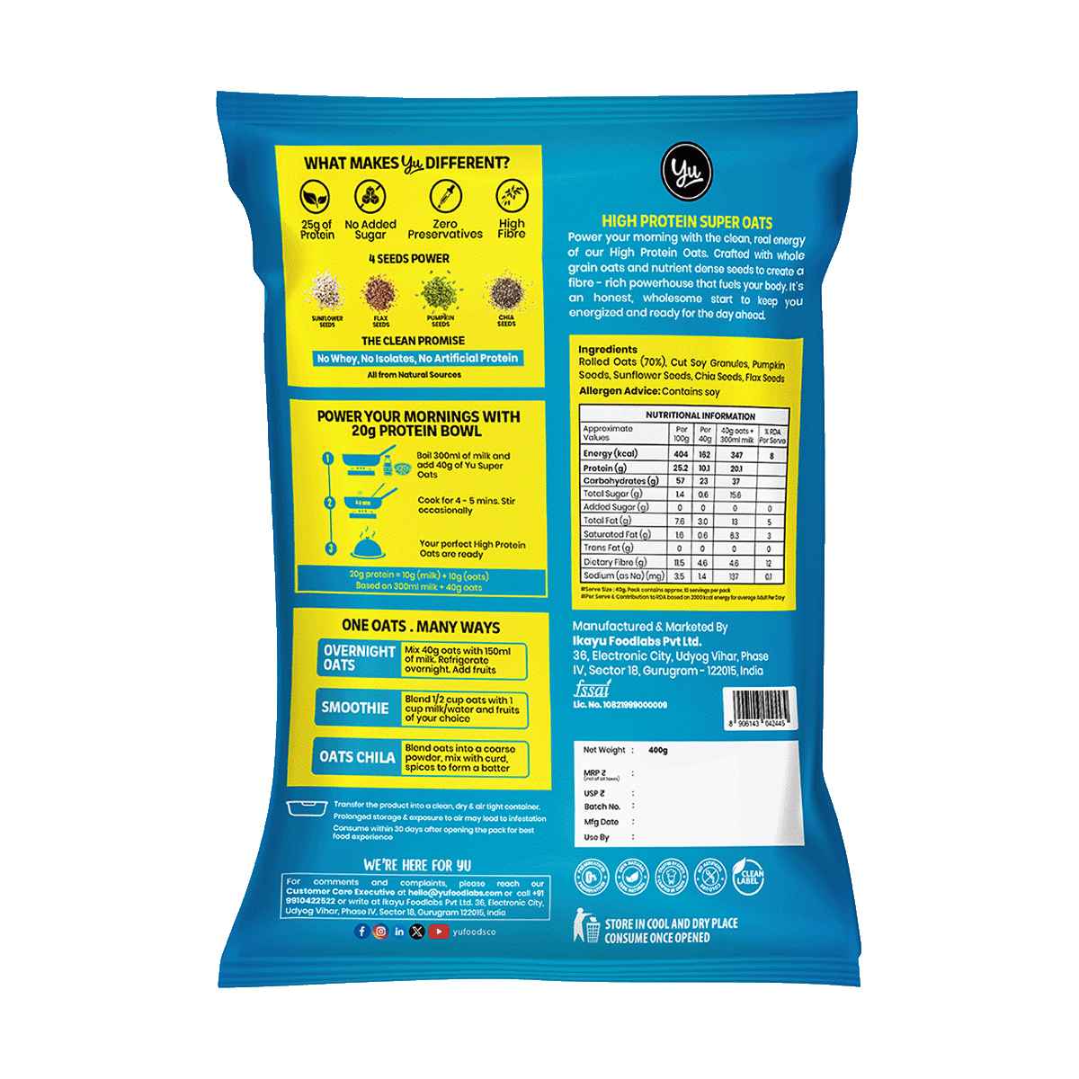 Yu High Protein Plain Rolled Oats 400g - Image 2
