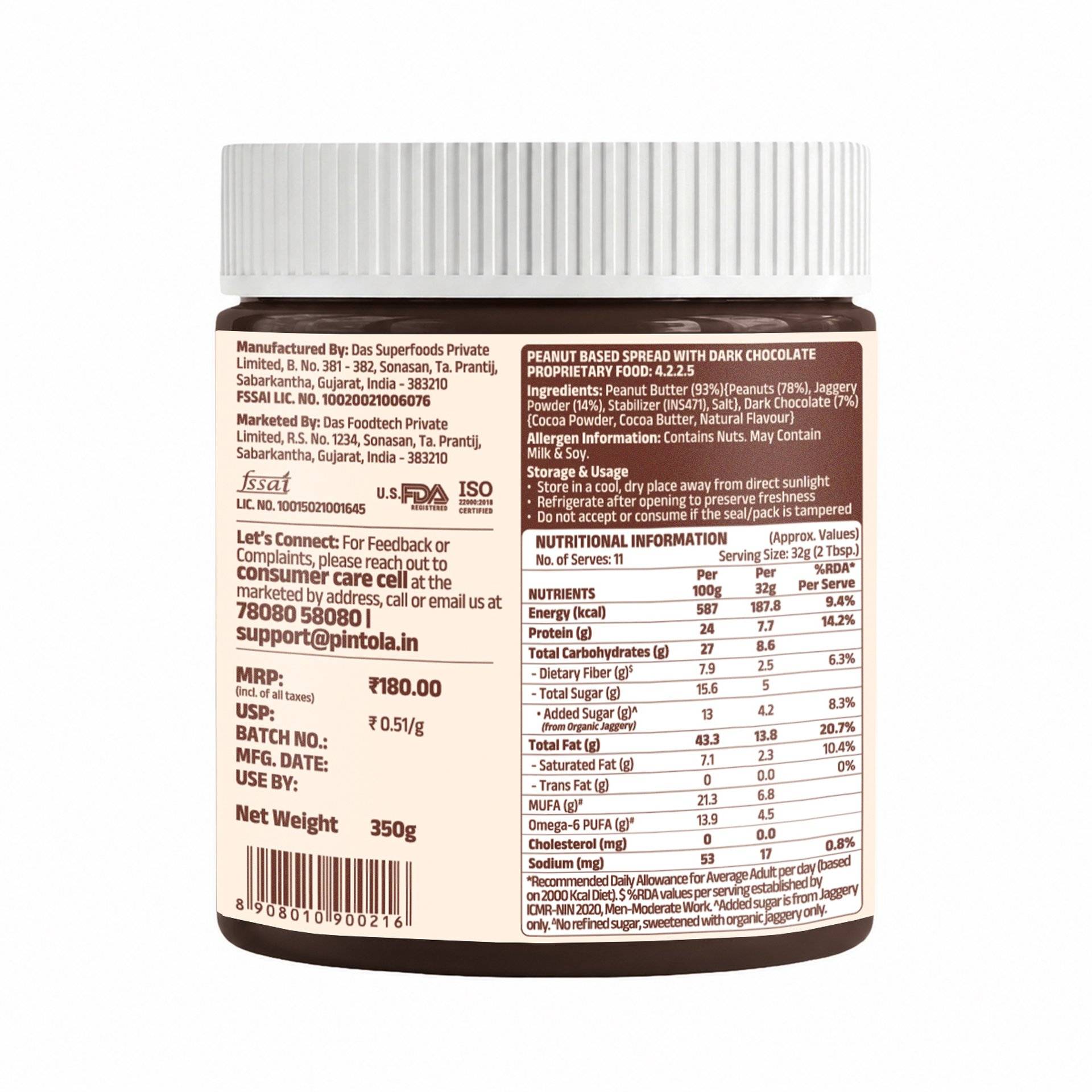 Pintola Dark Chocolate Peanut Butter Crunchy Protein & Dietary Fiber, - Image 2