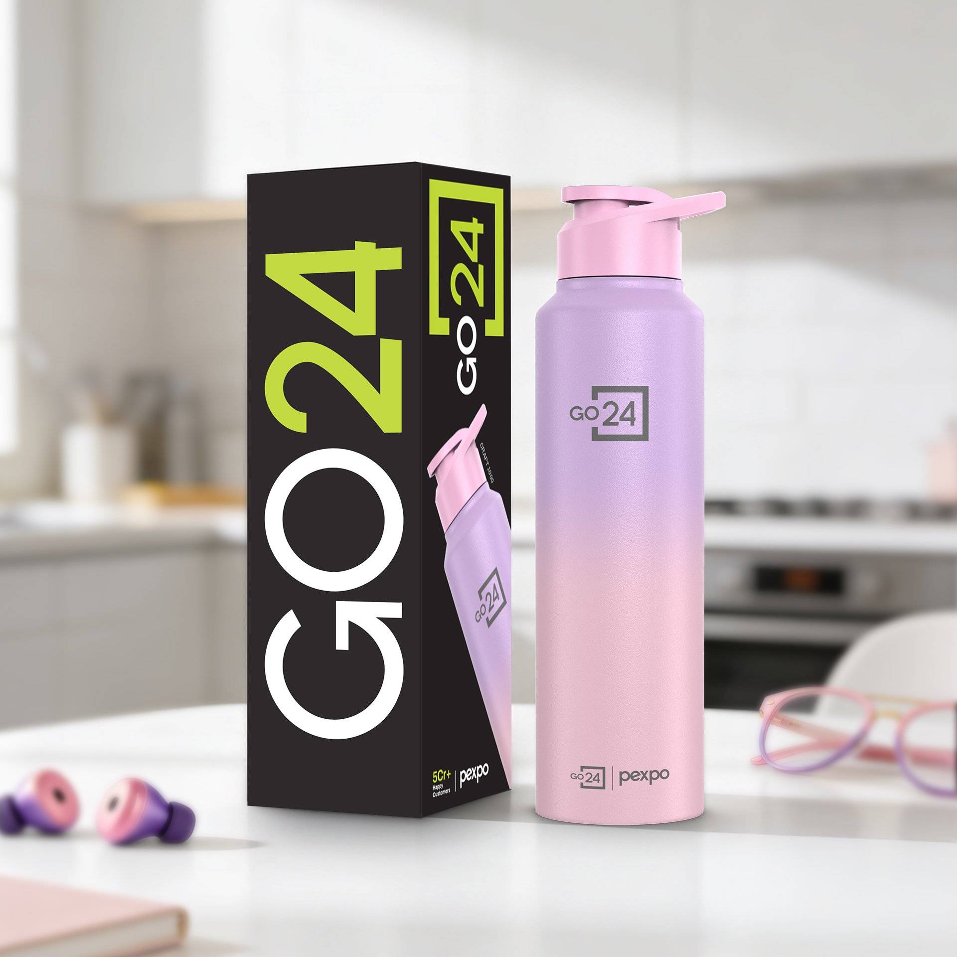 GO24 Pexpo 1L Stainless Steel Water Bottle, Purple-Pink - Image 1