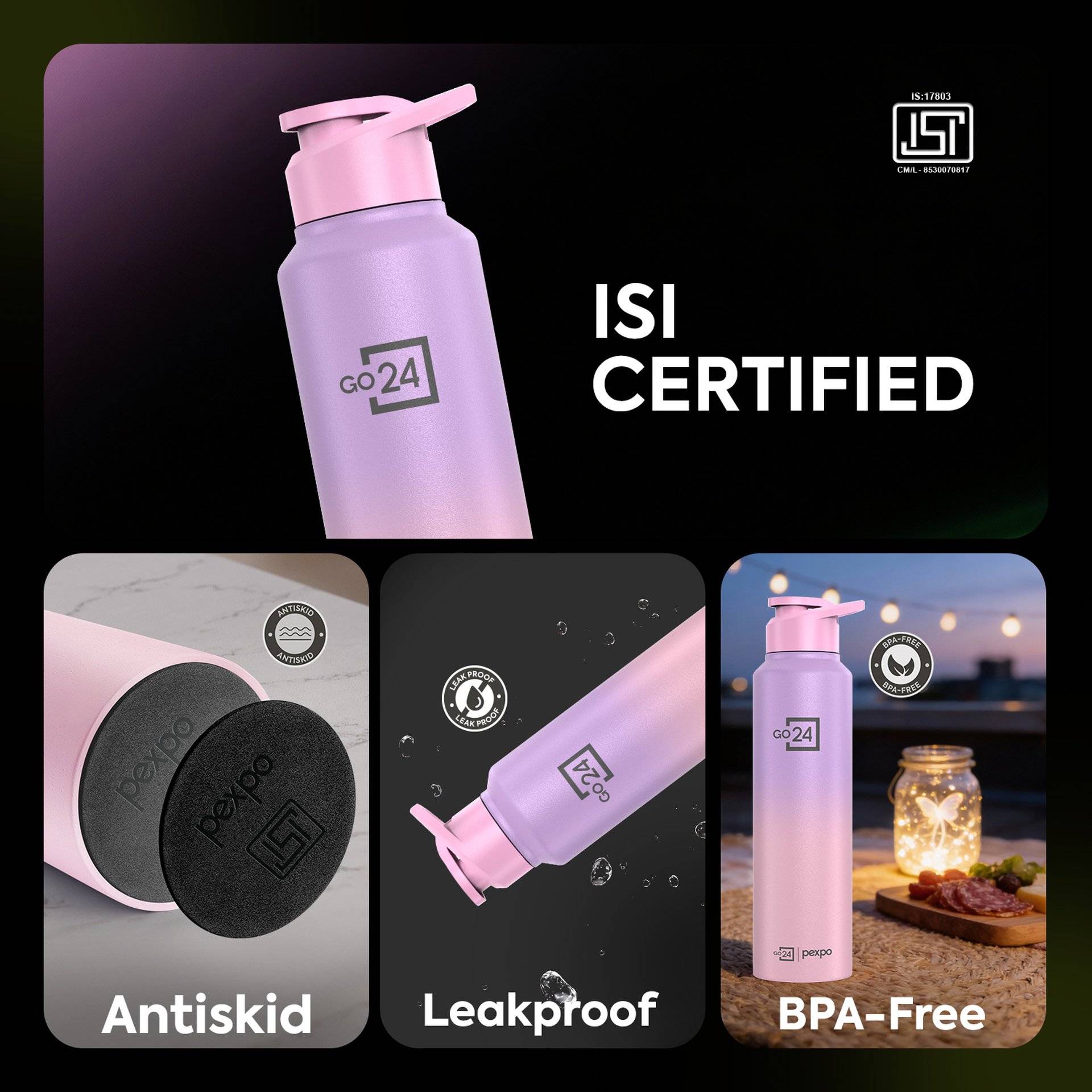 GO24 Pexpo 1L Stainless Steel Water Bottle, Purple-Pink - Image 4