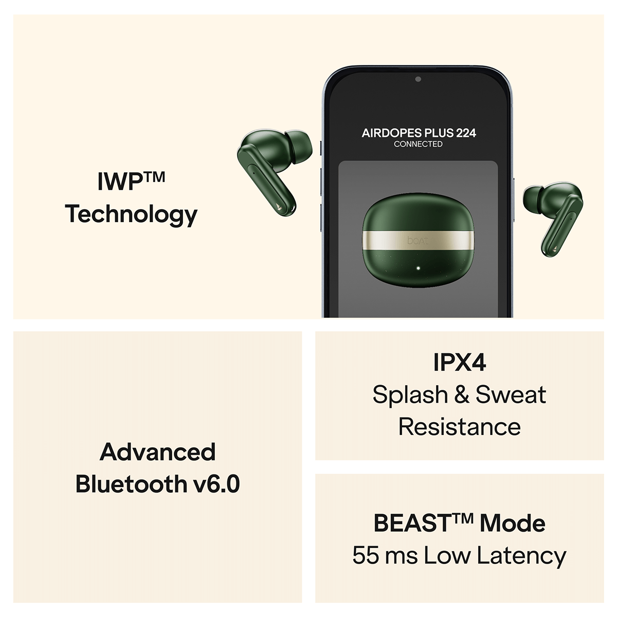 boAt Airdopes Plus 224, 60H Battery, BT v6.0, Forest Green - Image 8