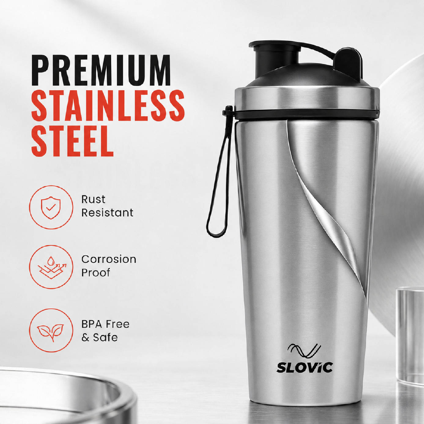 Slovic 750ml Stainless Steel Gym Shaker Bottle - Image 5